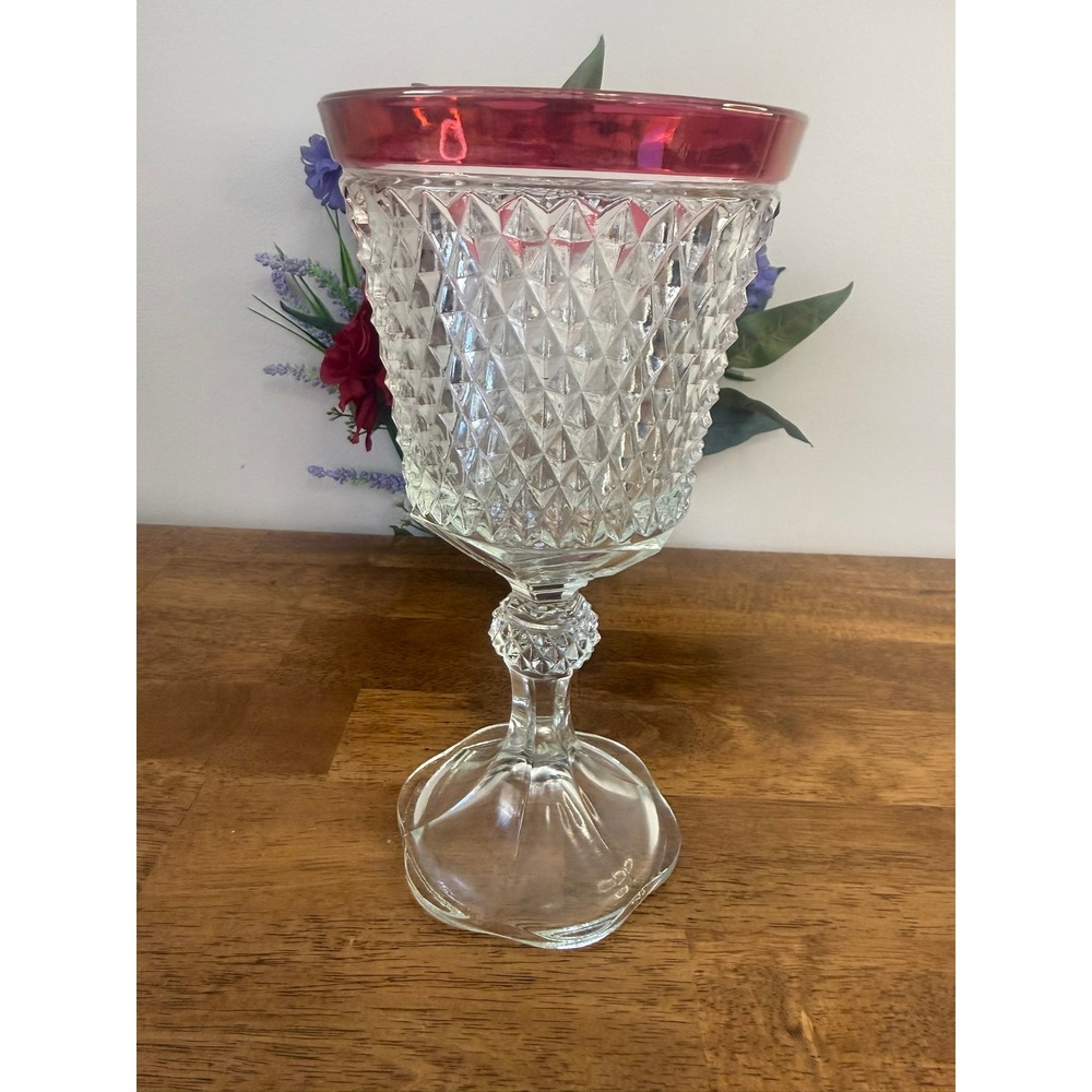 Vintage Ruby Flash Diamond Cut Pedestal Vase Goblet Large Glass Centrepiece